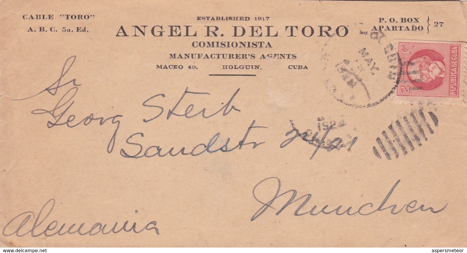 "ANGEL R DEL TORO" CUBA COMMERCIAL COVER, CIRCULATED 1924, HOLGUIN TO MUNCHEN, GERMANY. -LILHU - Briefe U. Dokumente