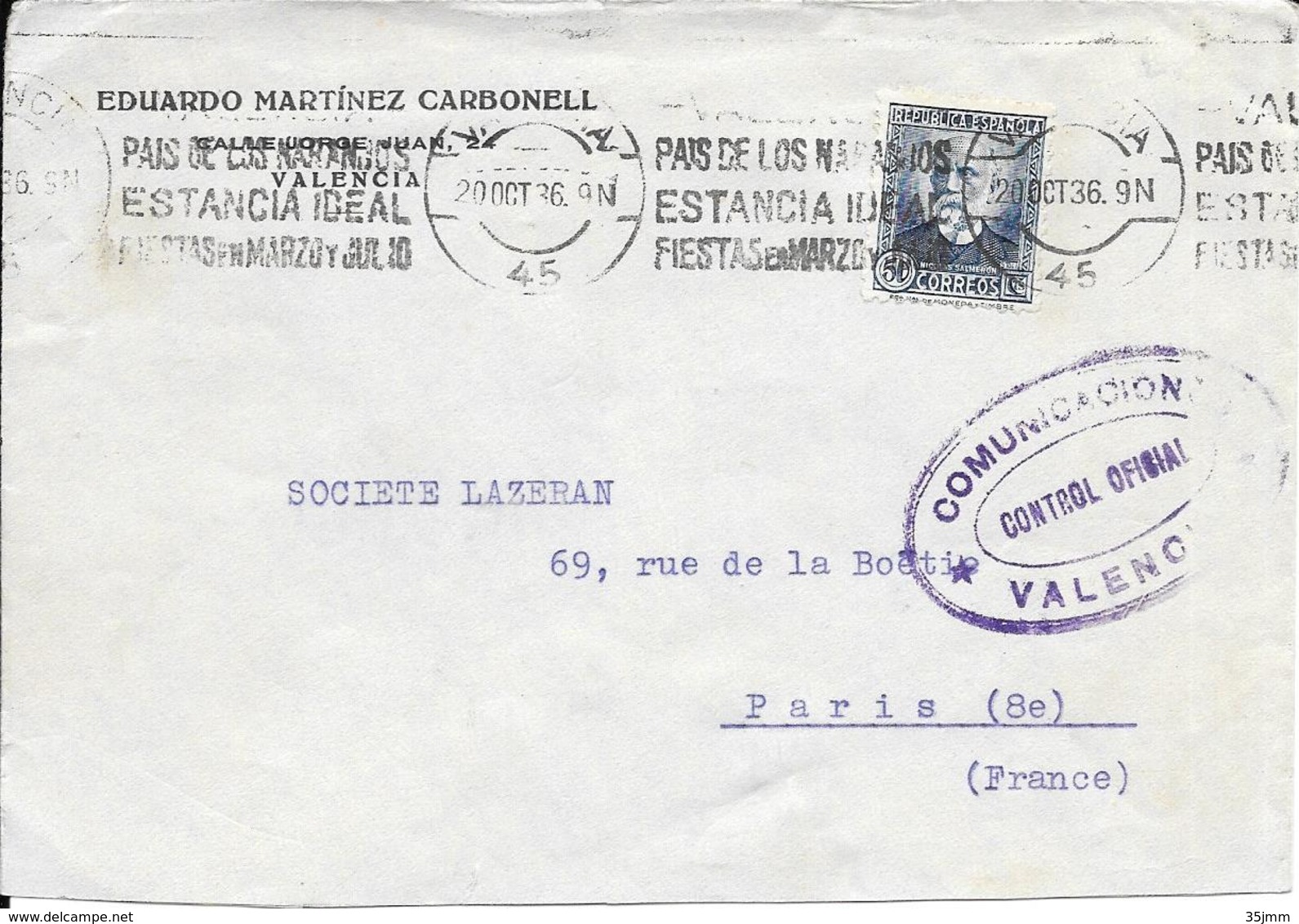 Lettre    1936  Censure  Censor Geoffnet Examiner Censura War - Republicans Censor Marks