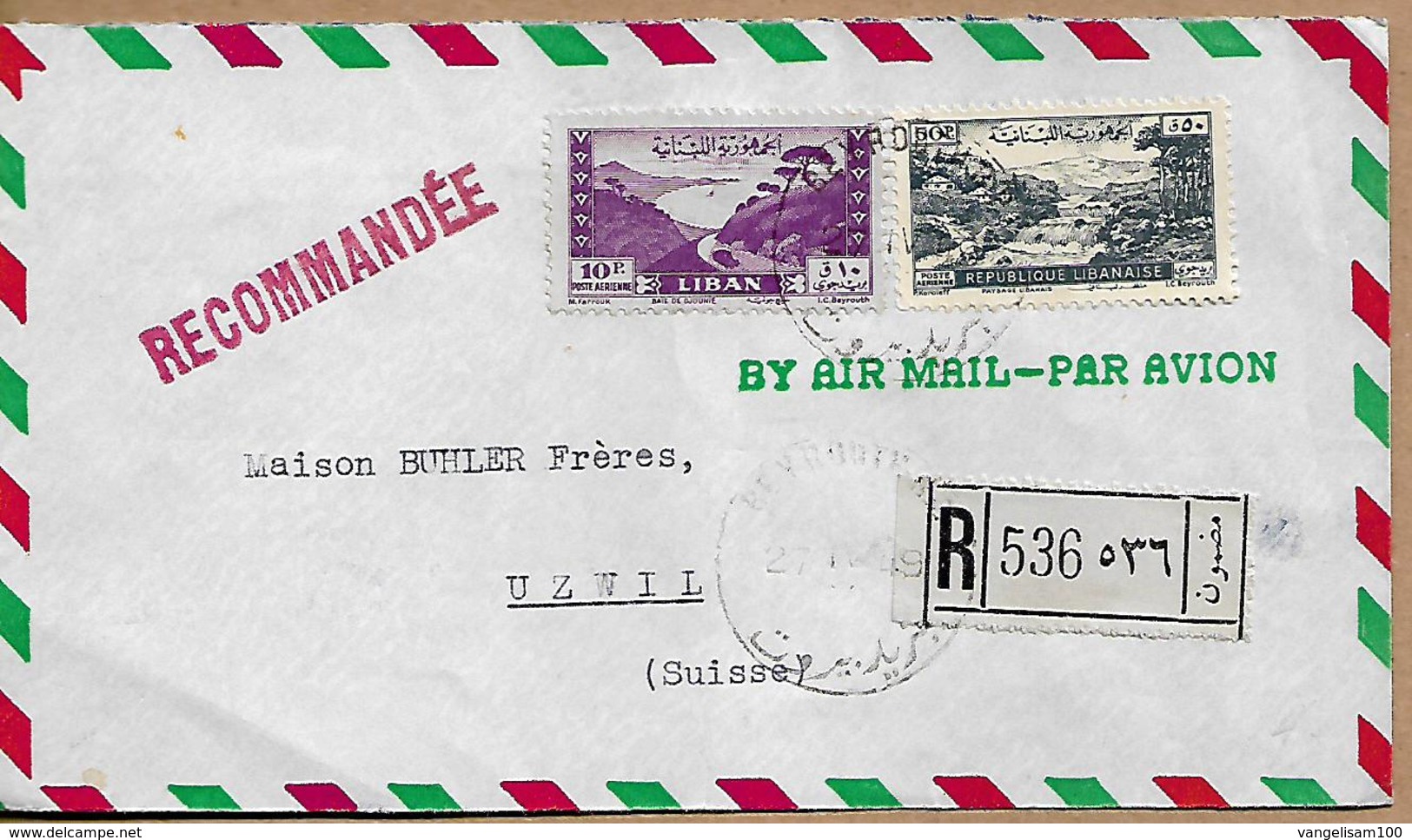 LEBANON LIBAN 1949 Registered Cover Sent To Uzwil 3 Stamps COVER USED - Lebanon