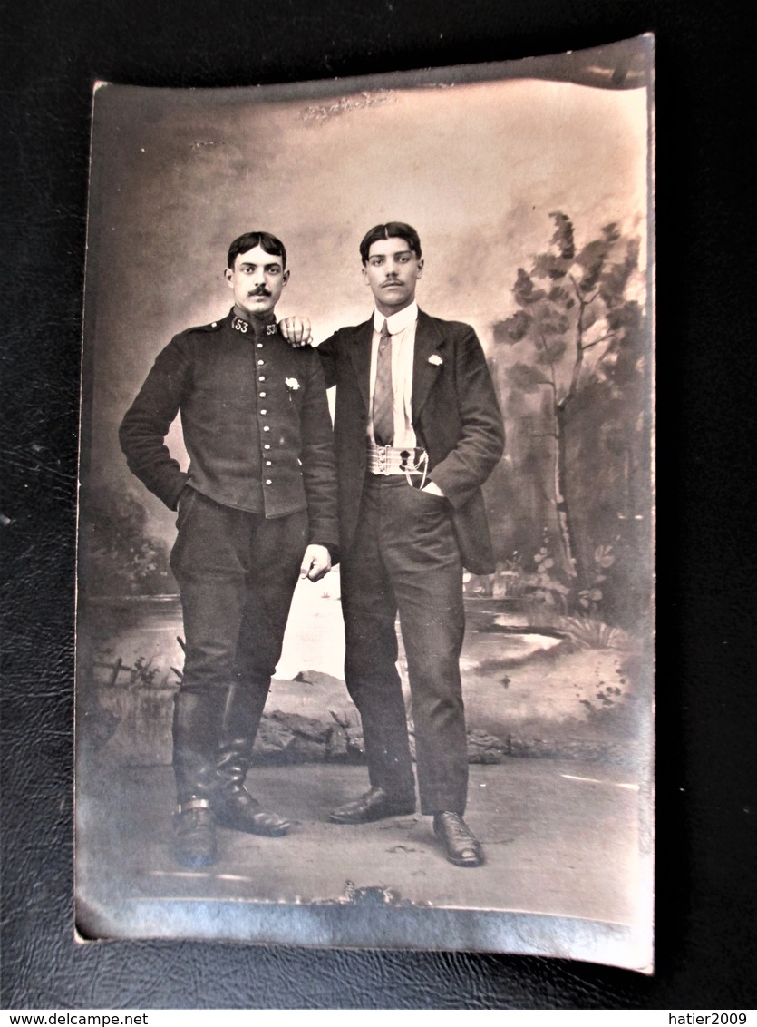 Carte Photo Studio D'un POILU Du 53 Eme Regiment D'Infanterie A PERPIGNAN Accomâgné D'un Civil - Weltkrieg 1914-18