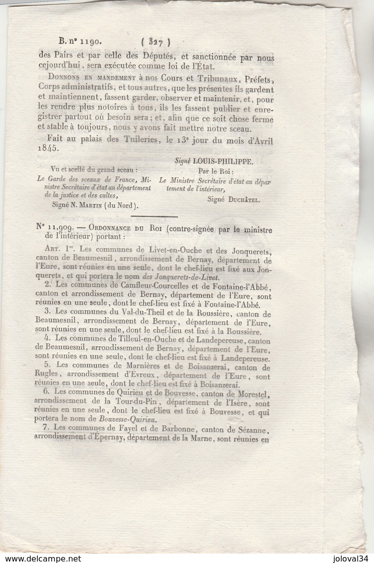 Bulletin Des Lois 1190 De 1845 Restes Mortels Invalides - Modifications Communes Eure, Isère, Marne, Ain Brion - Décrets & Lois