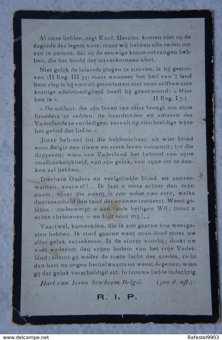 Mortuaire ABL Soldat Josephus SPRINGAEL Sint Pieters Leeuw 1893 SINT KATELIJN WAVER 1914 WO1 Antwerpen - Esquela