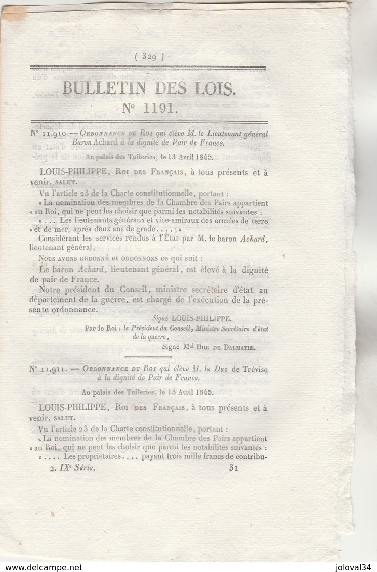 Bulletin Des Lois 1191 De 1845 Vicomte HUGO Victor Pair De France - Pont Au Mont Dore Puy De Dôme Péage - Gesetze & Erlasse