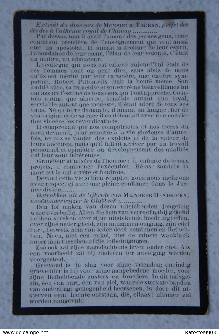 Mortuaire Professeur Athénée De CHIMAY GLABBEEK ZUURBEMDE Region Tienen Leuven 1881 Chimay 1909 - Todesanzeige
