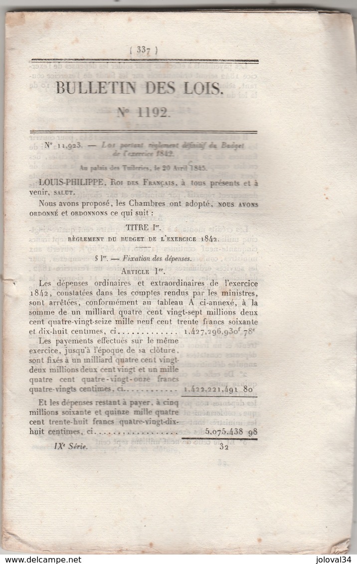 Bulletin Des Lois 1192 De 1845 Budget 1842 - Débarcadère à Port Maubert Charente Inférieure  Péage - Décrets & Lois