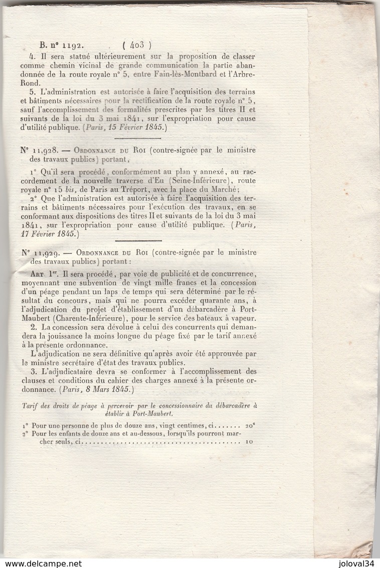 Bulletin Des Lois 1192 De 1845 Budget 1842 - Débarcadère à Port Maubert Charente Inférieure  Péage - Décrets & Lois