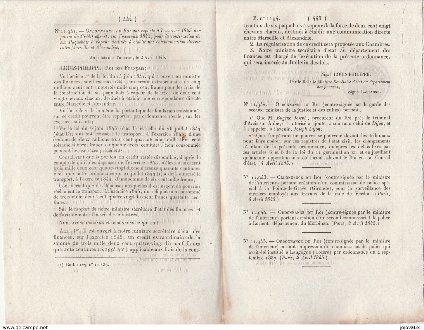 Bulletin Des Lois 1194 De 1845 Construction 6 Paquebots Marseille Alexandrie - Police Pointe De Grave Lorient Langogne - Décrets & Lois