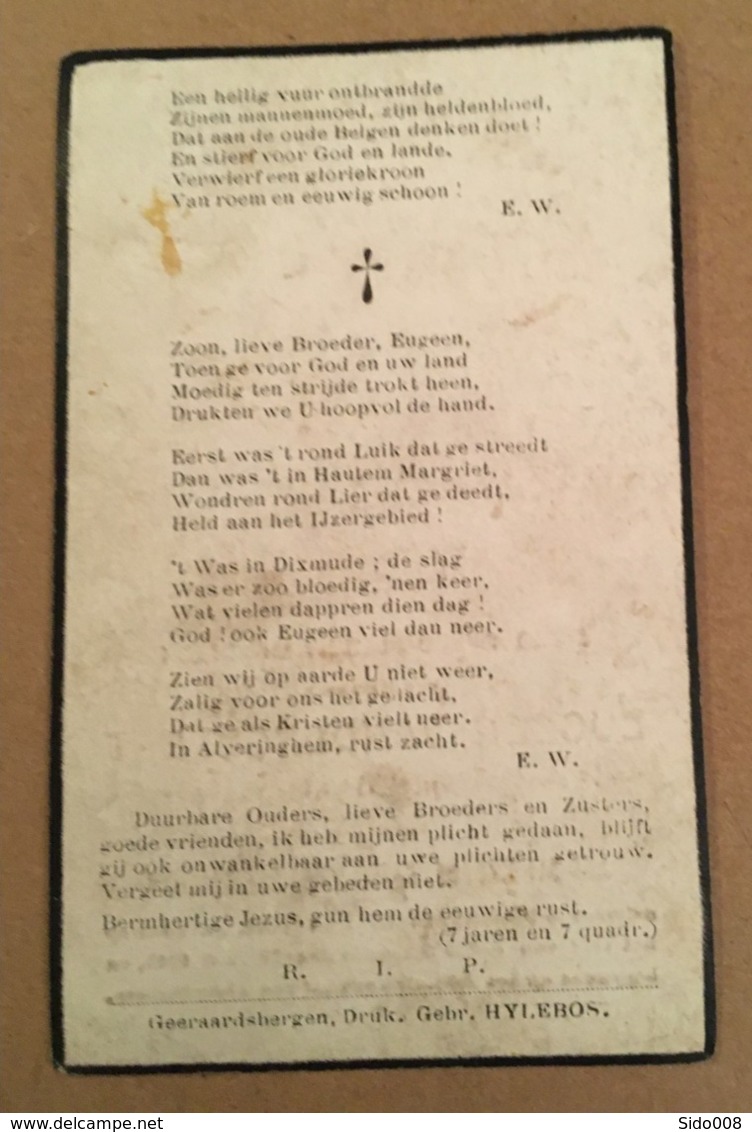 Carte Souvenir Décès Soldat Eugeen Vandergeynot - Tombé Au Champs D'honneur Le 29 Juin 1915 à Dixmude - Imp. Hylebos - 1914-18