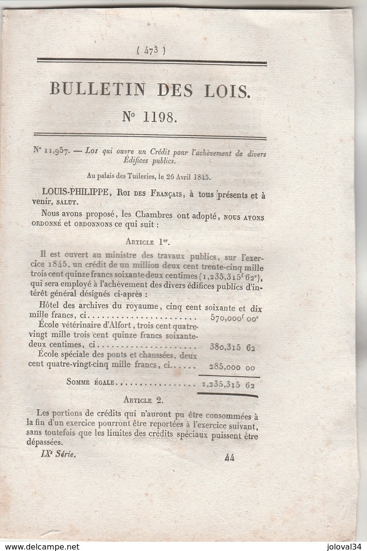 Bulletin Des Lois 1198 De 1845 - Cession 57 Brevets Invention : 14 Raffinage Sucre,  Etc - Décrets & Lois