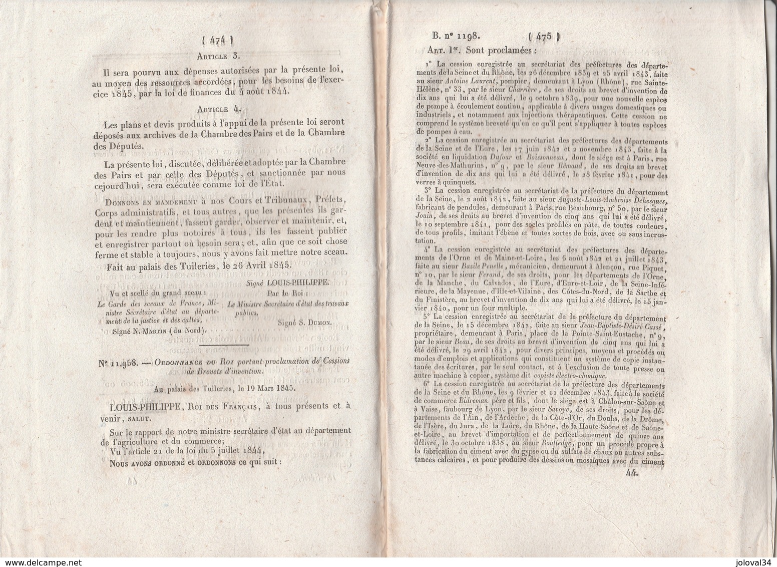 Bulletin Des Lois 1198 De 1845 - Cession 57 Brevets Invention : 14 Raffinage Sucre,  Etc - Décrets & Lois