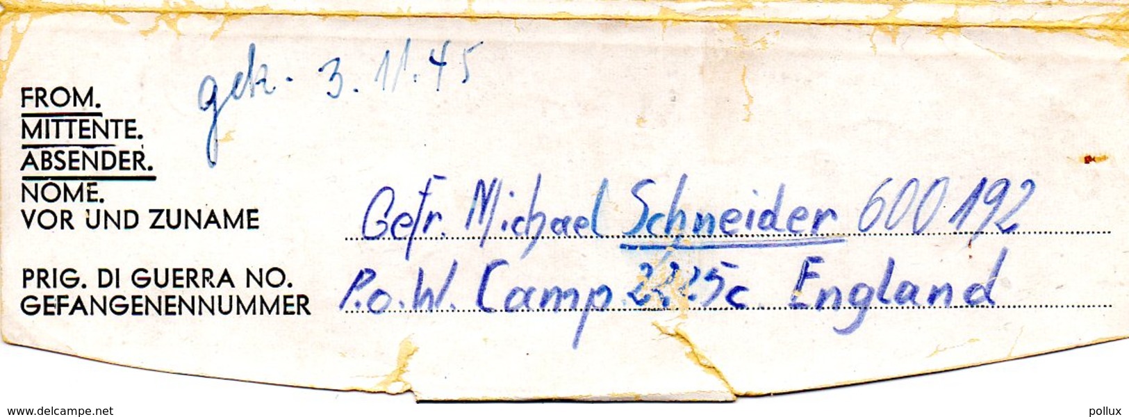 Camp De Prisonniers Allemands En Belgique 1945 POW CAMP 2225 Anglais Fort De Merxem Anvers Antwerpen - Documents