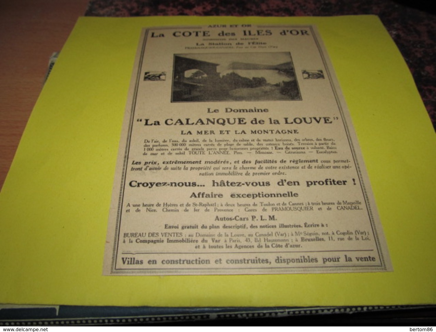 LA COTE DES ILES D'OR - CORNICHE DES MAURES - PRAMOUSQUIER-CANADEL - LA CALANQUE DE LA LOUVE - PUBLICITE DE 1928 - Werbung