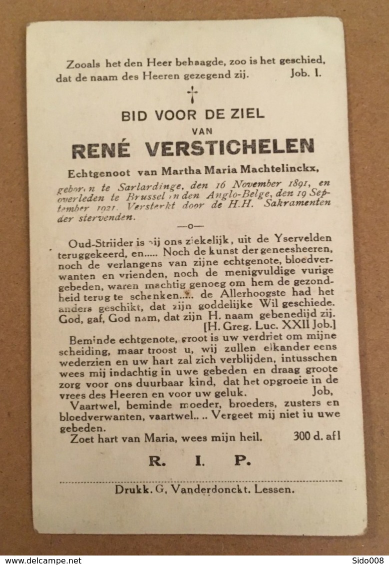 Carte Souvenir Décès Soldat Verstichelen - Overleden Te Brussel In Den Anglo-Belge 19/09/1921 Imp. Vanderdonckt Lessines - Autres & Non Classés