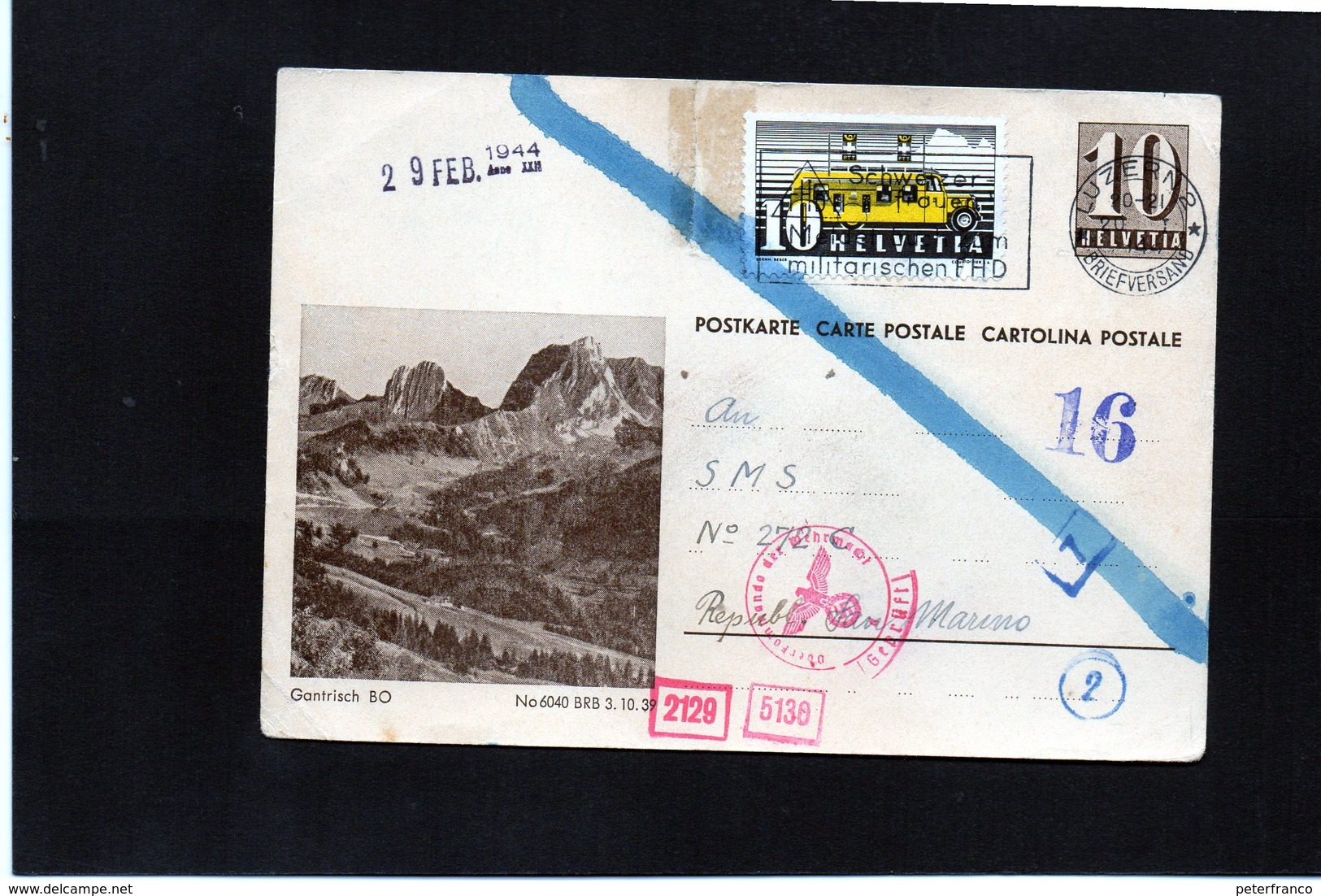 CG6 - Svizzera - Cartolina Postale - Annullo Di Luzern 20/1/1944 Per Rep. San Marino - Entiers Postaux