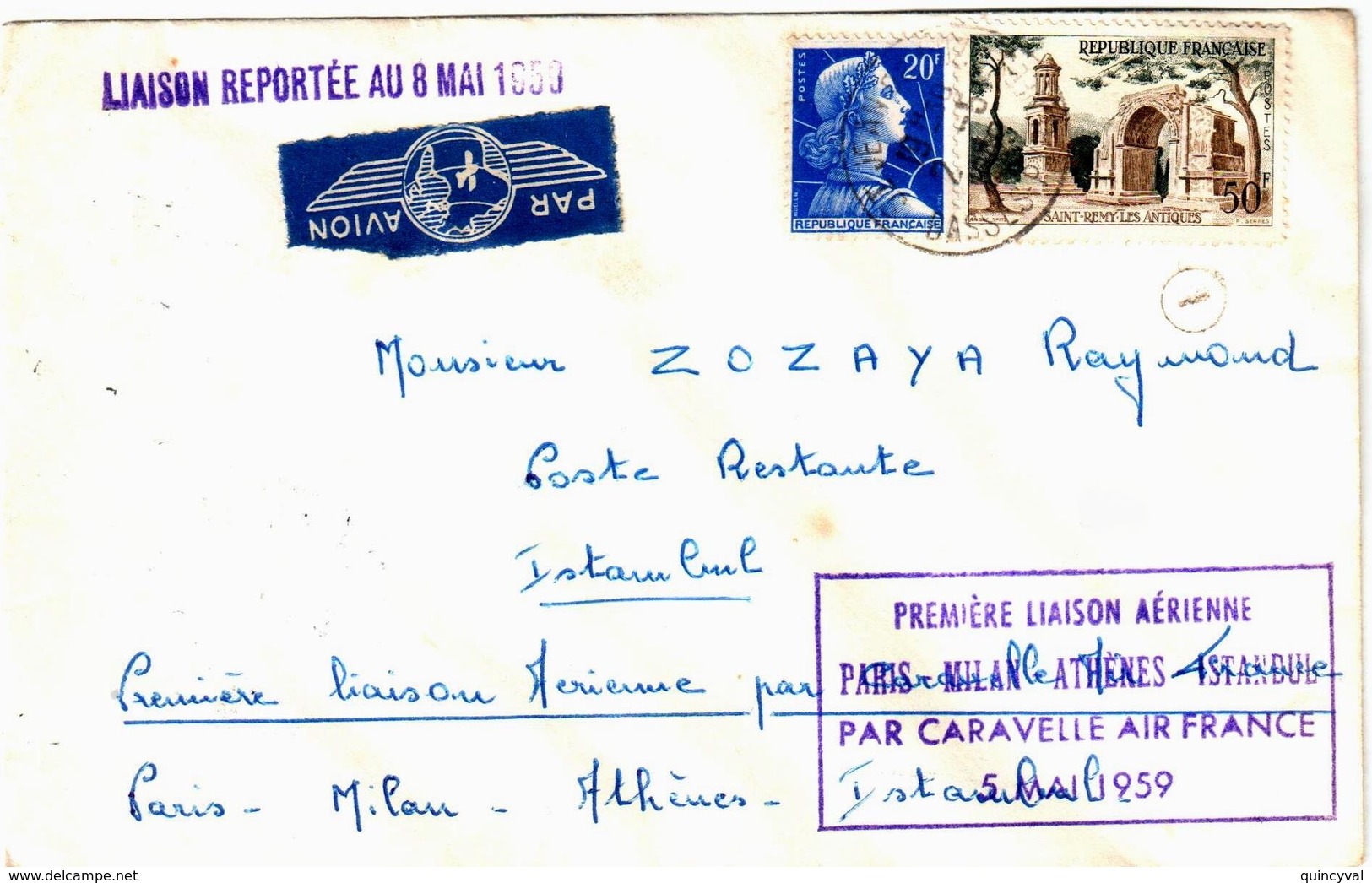 Lettre 1° Liaison Aérienne Paris Istambul Caravelle Air France Avion Poste Retante 20F Muller 50F St Rémy Yv 1011B 1130 - Cartas & Documentos