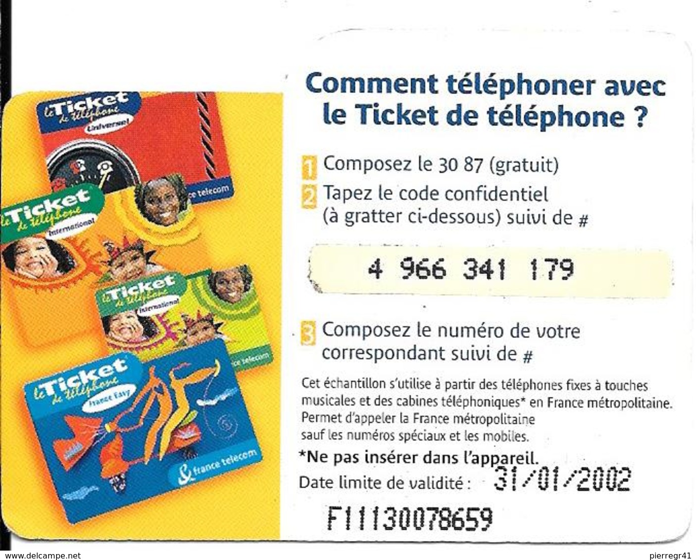 TICKET TELEPHONE-FRANCE-ECHANTILLON 3Mn-Exp 31/01/2002 Gratté-TBE - FT Tickets