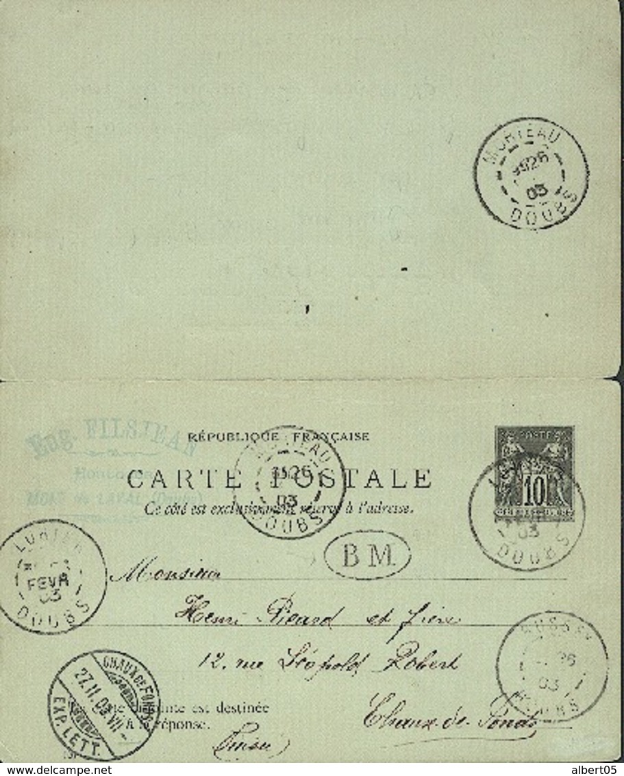 Carte Postale Avec Carte Réponse 10c Sage  - Mont De Laval ( Doubs) Pour La Chaux De Fonds - Vorläufer