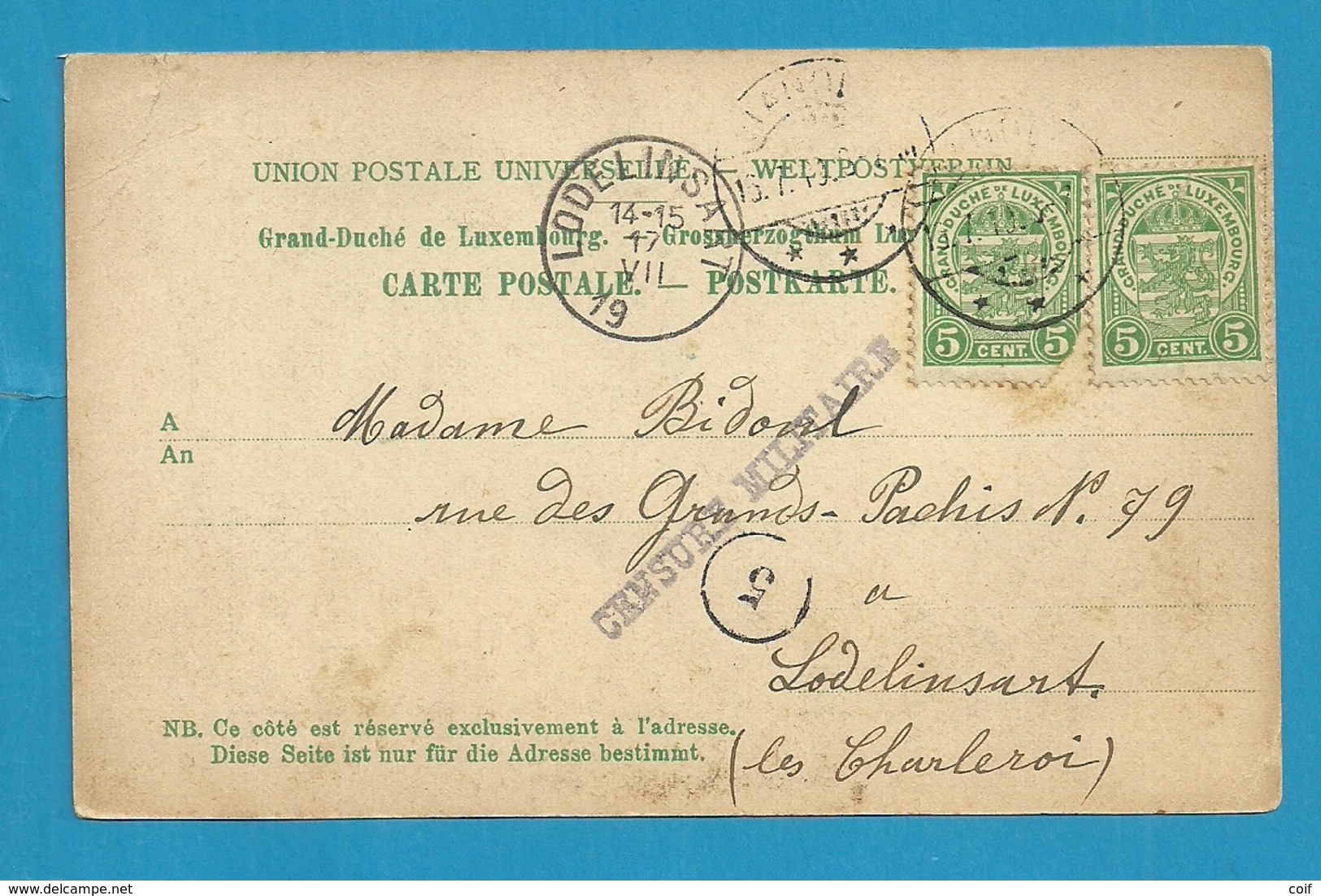 Kaart Van VIANDE Naar LODELINSART, Stempel Violet CENSURE MILITAIRE  (censuur Apres La Guerre !!) - 1907-24 Ecusson