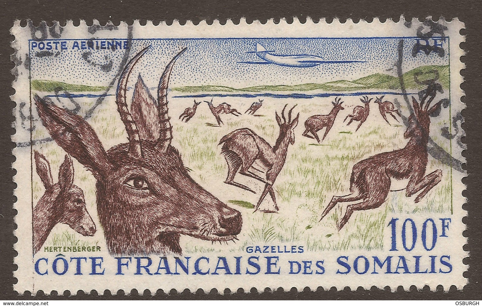 FRANCE / SOMALIA. 1958. AIR MAIL. 100F GAZELLES. USED. - Oblitérés