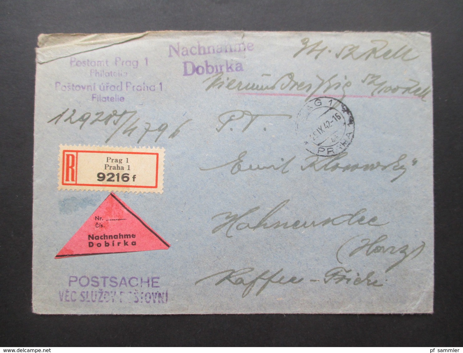 Böhmen Und Mähren 1942 Postamt Prag 1 Nachnahme Dobirka Einschreiben Postsache Nach Hahnenklee Im Harz - Covers & Documents