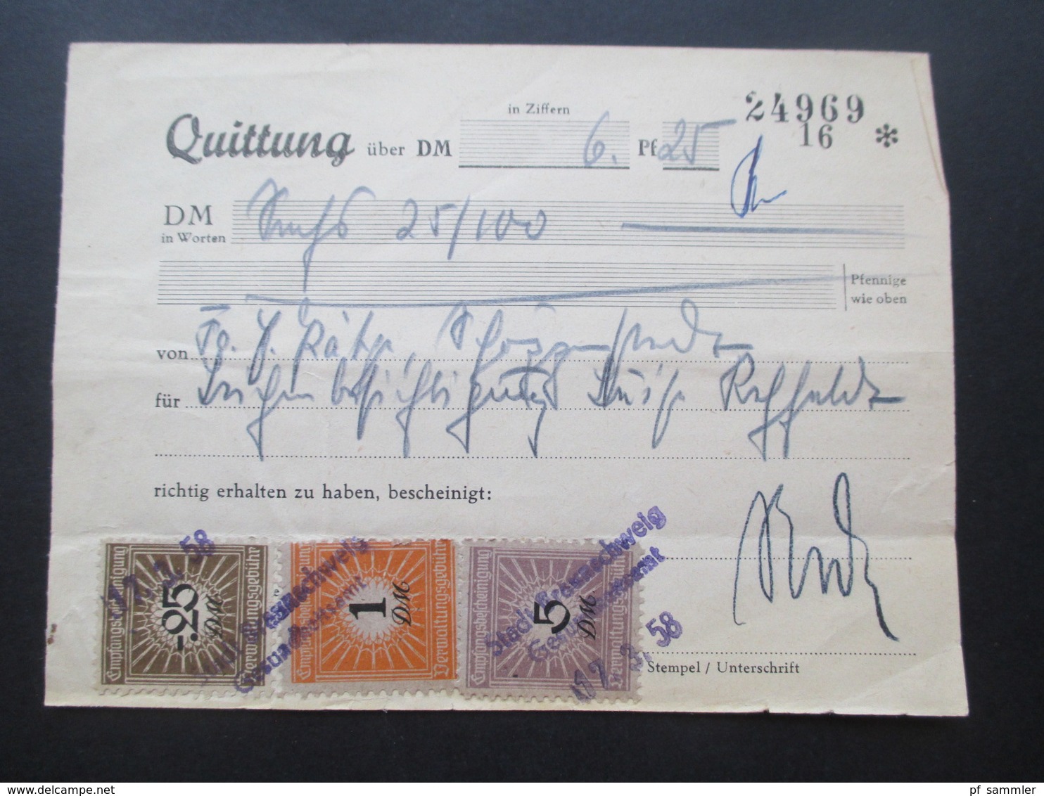 Dokument 1958 Quittung Stadt Braunschweig Mit 3 Fiskalmarken Empfangsbestätigung Verwaltungsgebühr - Gebührenstempel, Impoststempel