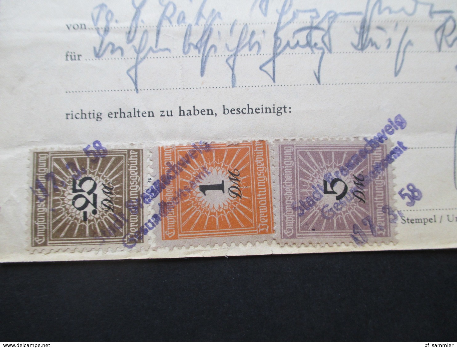 Dokument 1958 Quittung Stadt Braunschweig Mit 3 Fiskalmarken Empfangsbestätigung Verwaltungsgebühr - Timbri Generalità