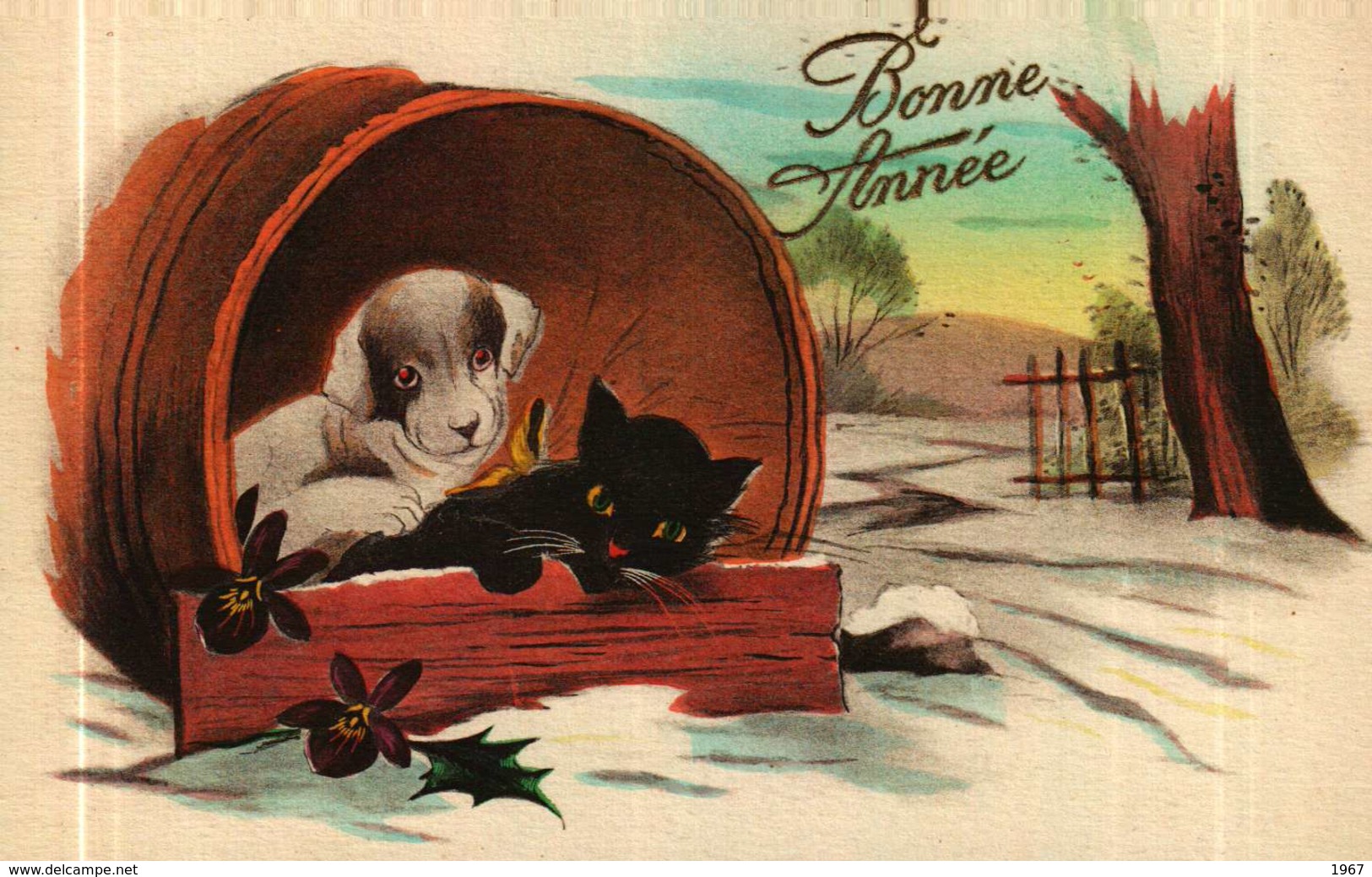 CPA  M.G.A. 951 -   Bonne Année -  Chien Et Chat Noir Dans Un Tonneau - Anno Nuovo