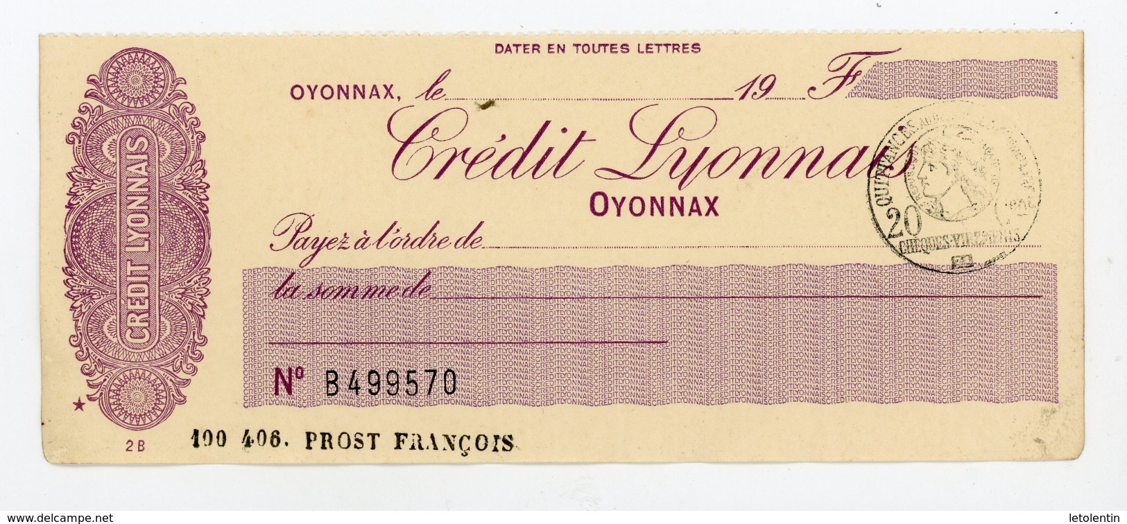 CHEQUE DU CREDIT LYONNAIS OYONNAX OBLITÉRÉ DU TIMBRE QUITTANCE À 20 Cts - Chèques & Chèques De Voyage