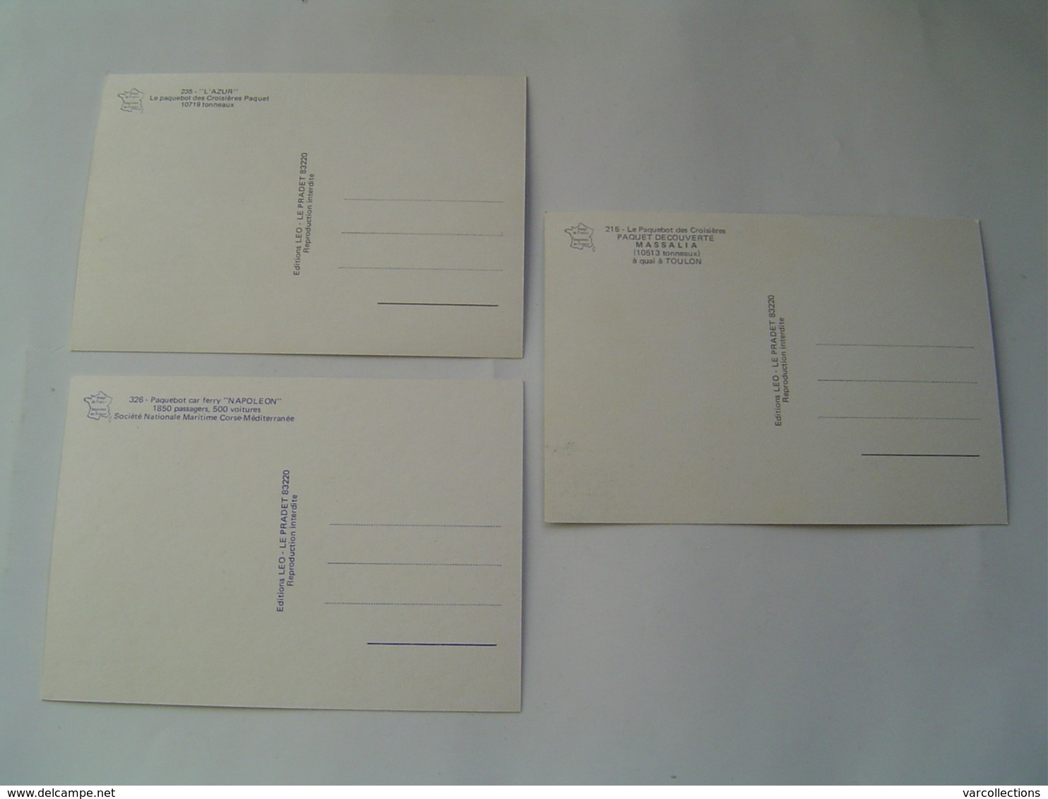 3 X CARTE POSTALE EDITIONS LEO : PAQUEBOT FERRY / AZUR - MASSALIA - CIE PAQUET  / NAPOLEON - SNCM - Ferries