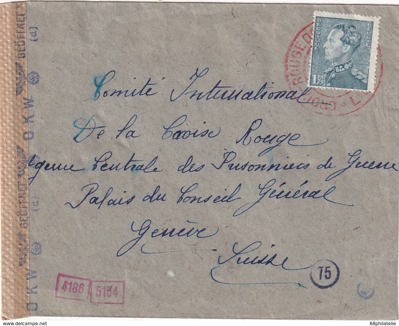 BELGIQUE 1943 LETTRE CENSUREE CROIX ROUGE BRUXELLES POUR GENEVE - Lettres & Documents