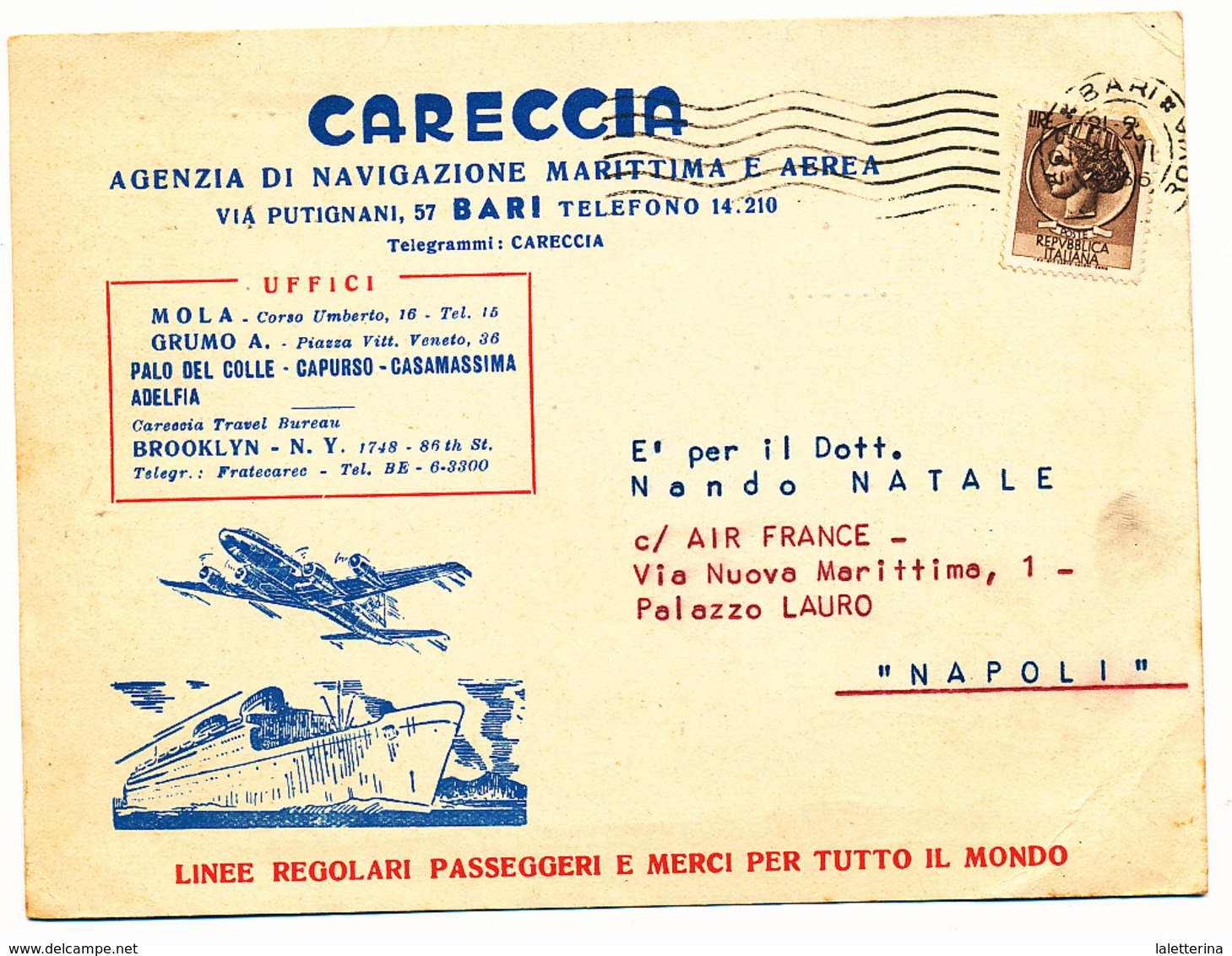 1956 BARI PUGLIA CARTONCINO PUBBLICITARIO CARECCIA AGENZIA NAVIGAZIONE MARITTIMA E AEREA - Storia Postale