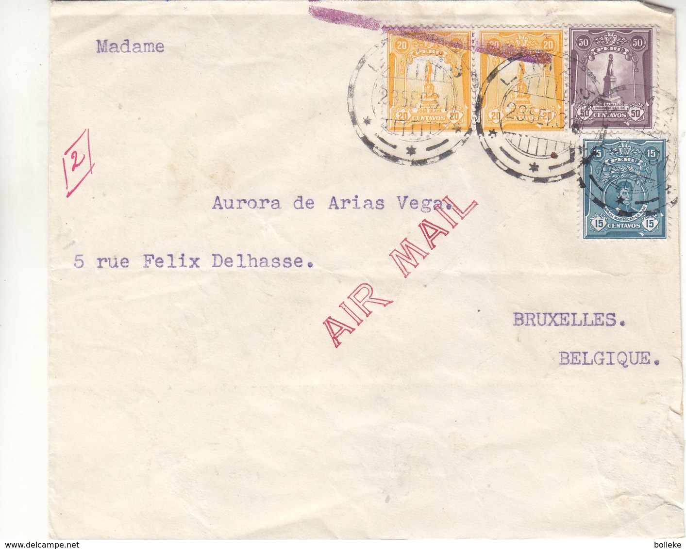 Pérou - Lettre De 1931 - Oblit Lima - Exp Vers Bruxelles - - Peru