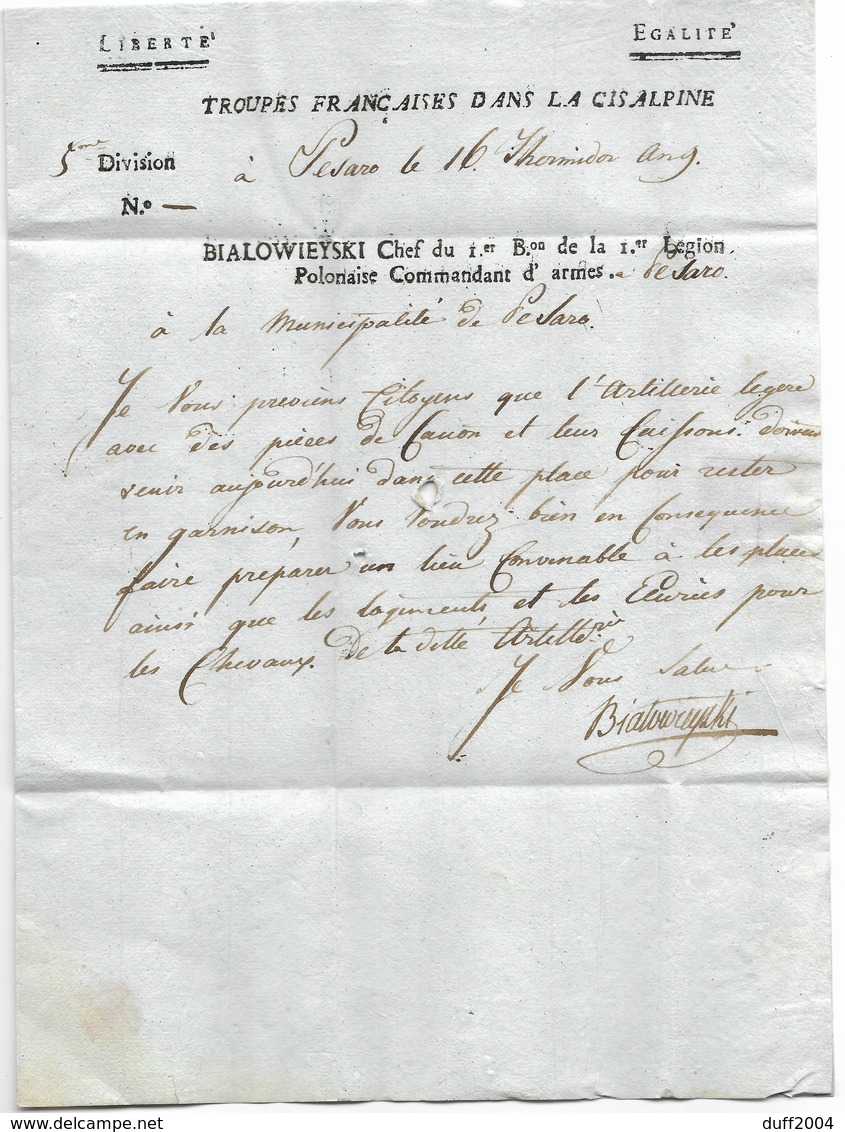 NAPOLEONE - ARMEE D'ITALIE - PESARO - 16 THERMIDOR - AN.9 ( 4.7.1801 ). - 1. ...-1850 Prefilatelia