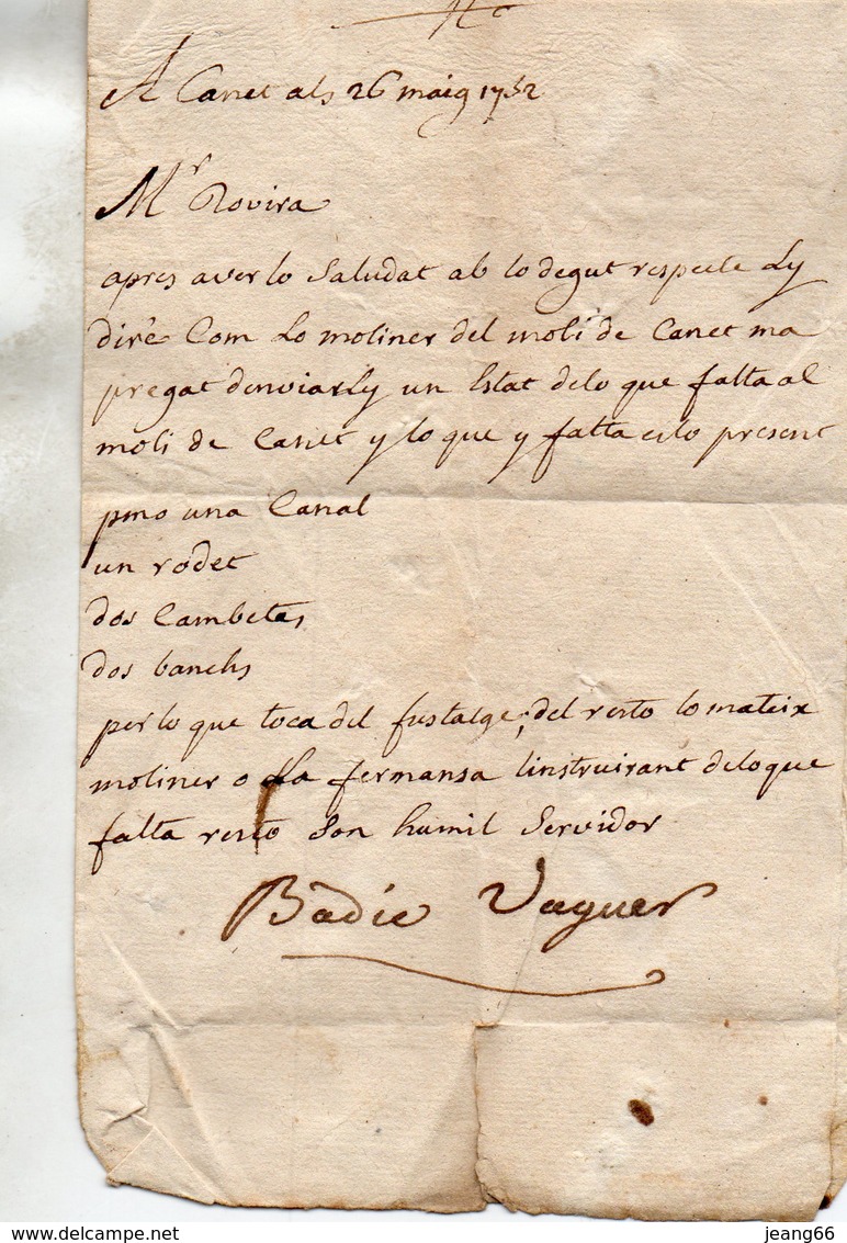 L.A.C. De CANET Pour ROVIRA PERPIGNAN Le 6/5/1752. - 1701-1800: Vorläufer XVIII