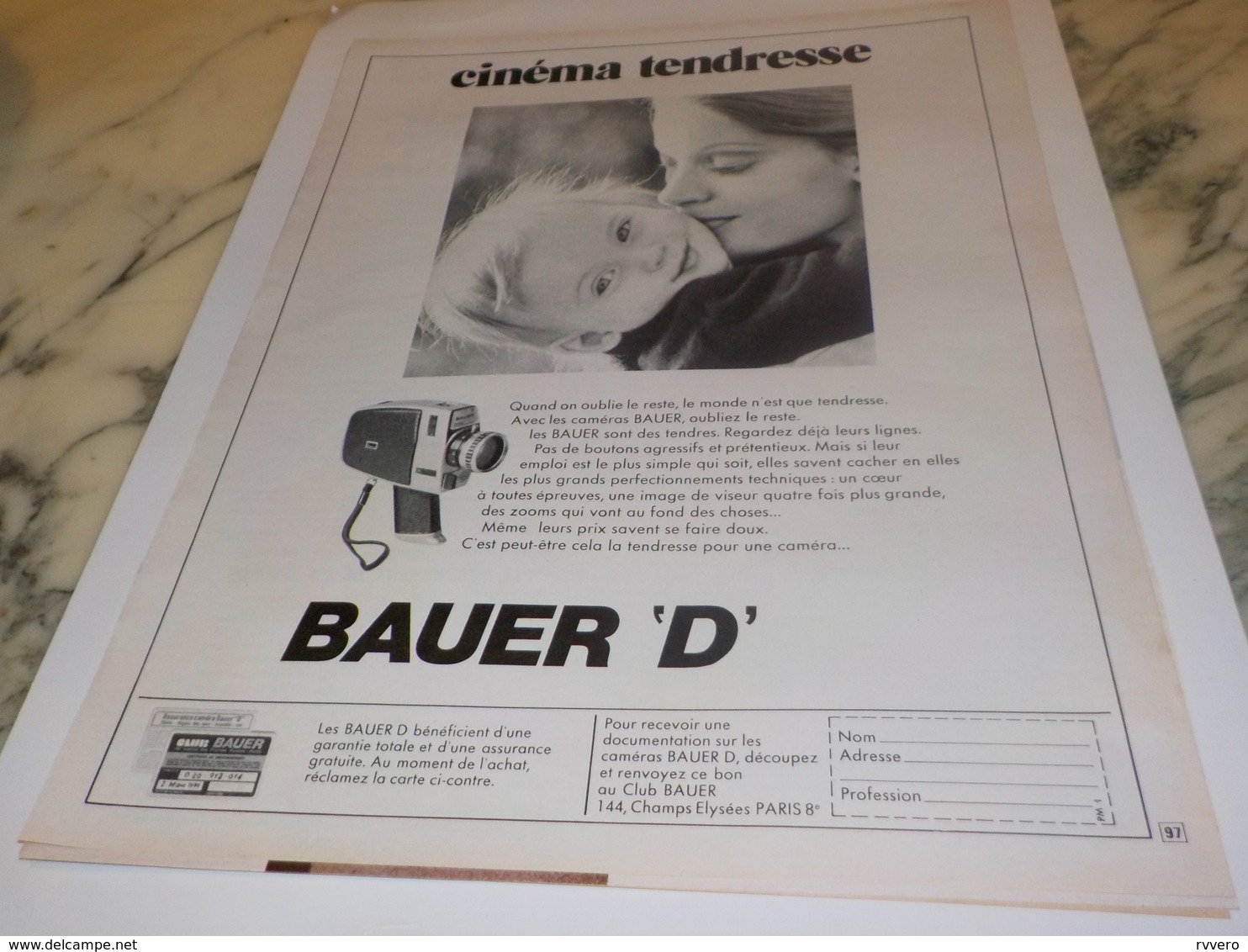 ANCIENNE PUBLICITE CINEMA TENDRESSE CAMERA  BAUER 1972 - Autres & Non Classés