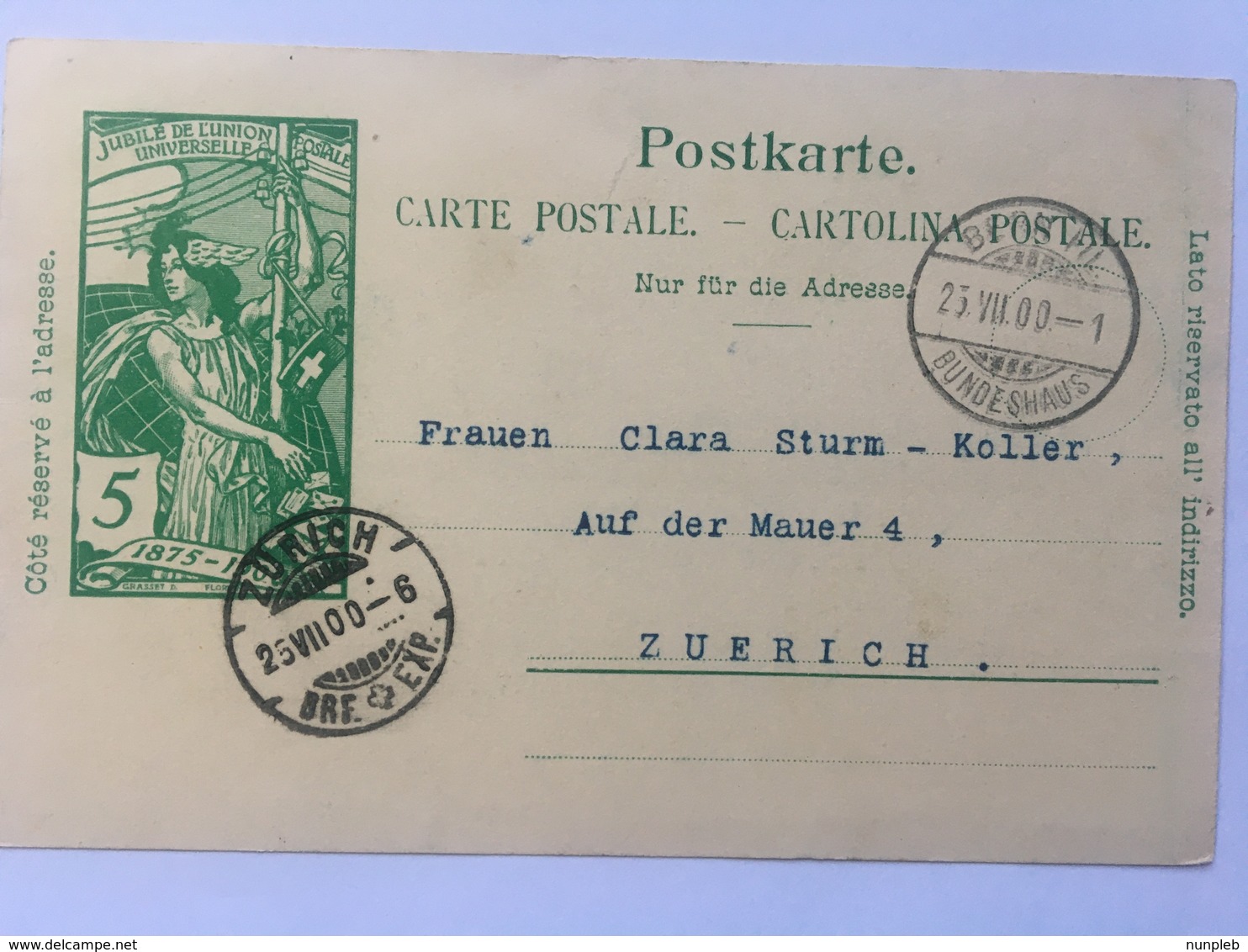Switizerland Carte Postale `Jubile De L`union Postale Universelle` 1900 Bern To Zurich - Briefe U. Dokumente