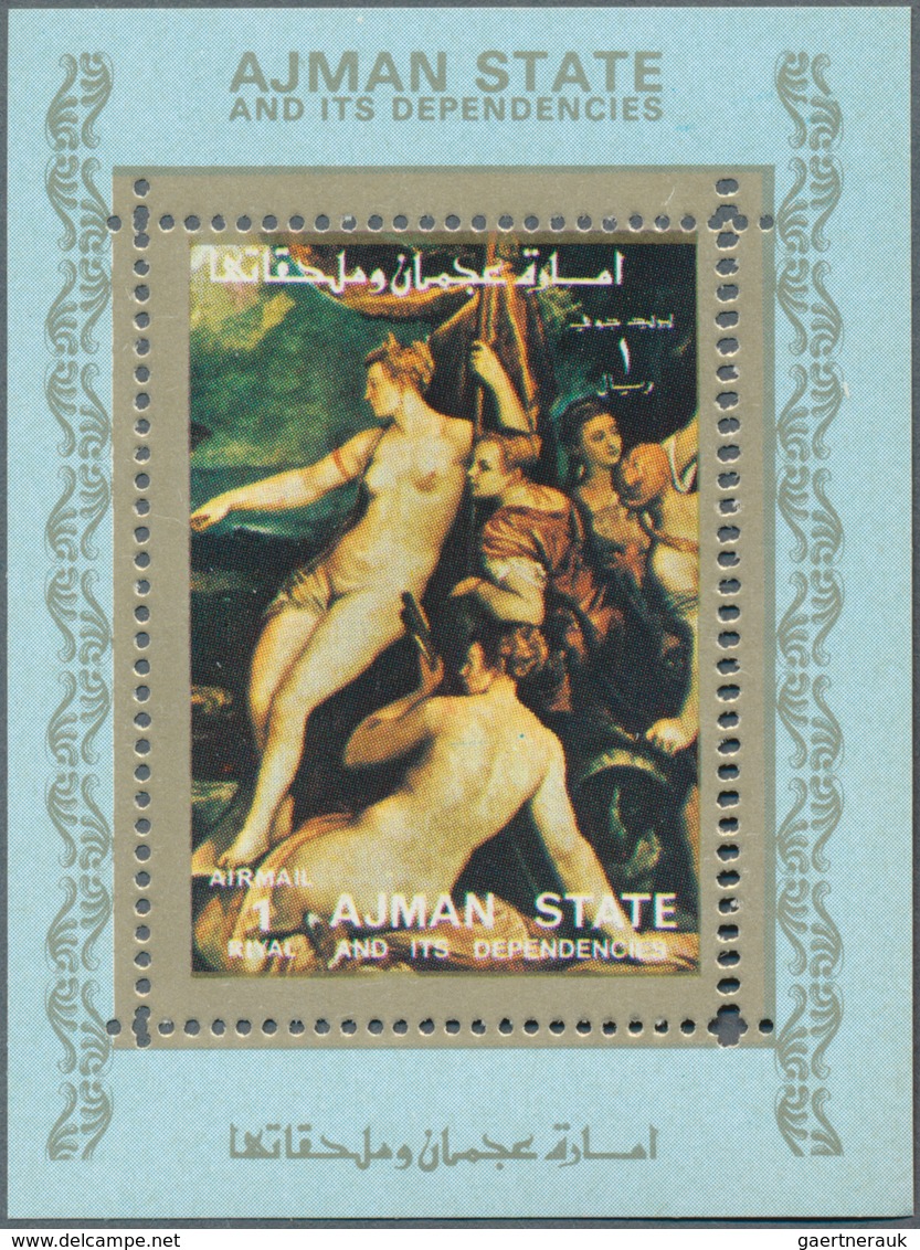 Adschman / Ajman: 1973, Nude paintings set of 16 different imperforate special miniature sheets in a