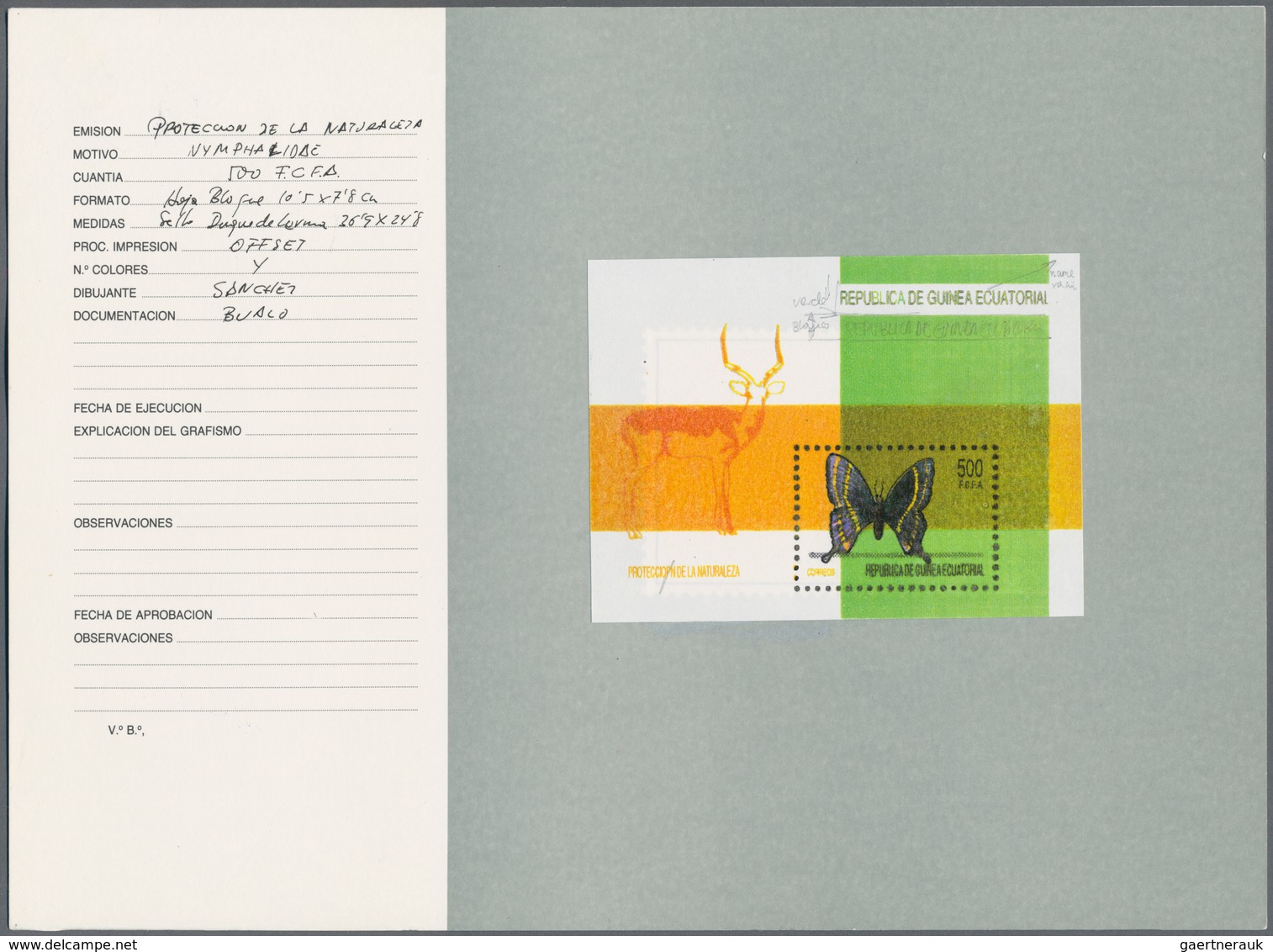 Äquatorialguinea: 1990 circa. Thirteen original sketches and proofs from the Spanish royal mint, som