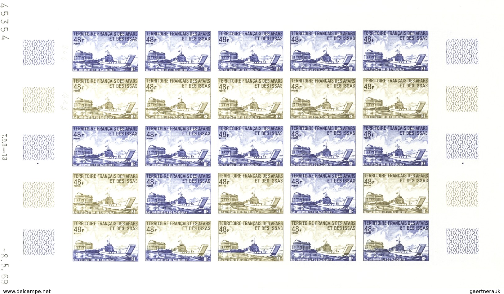 Afar und Issa: 1969/1977, IMPERFORATE COLOUR PROOFS, MNH collection of 52 complete sheets (=1.200 pr