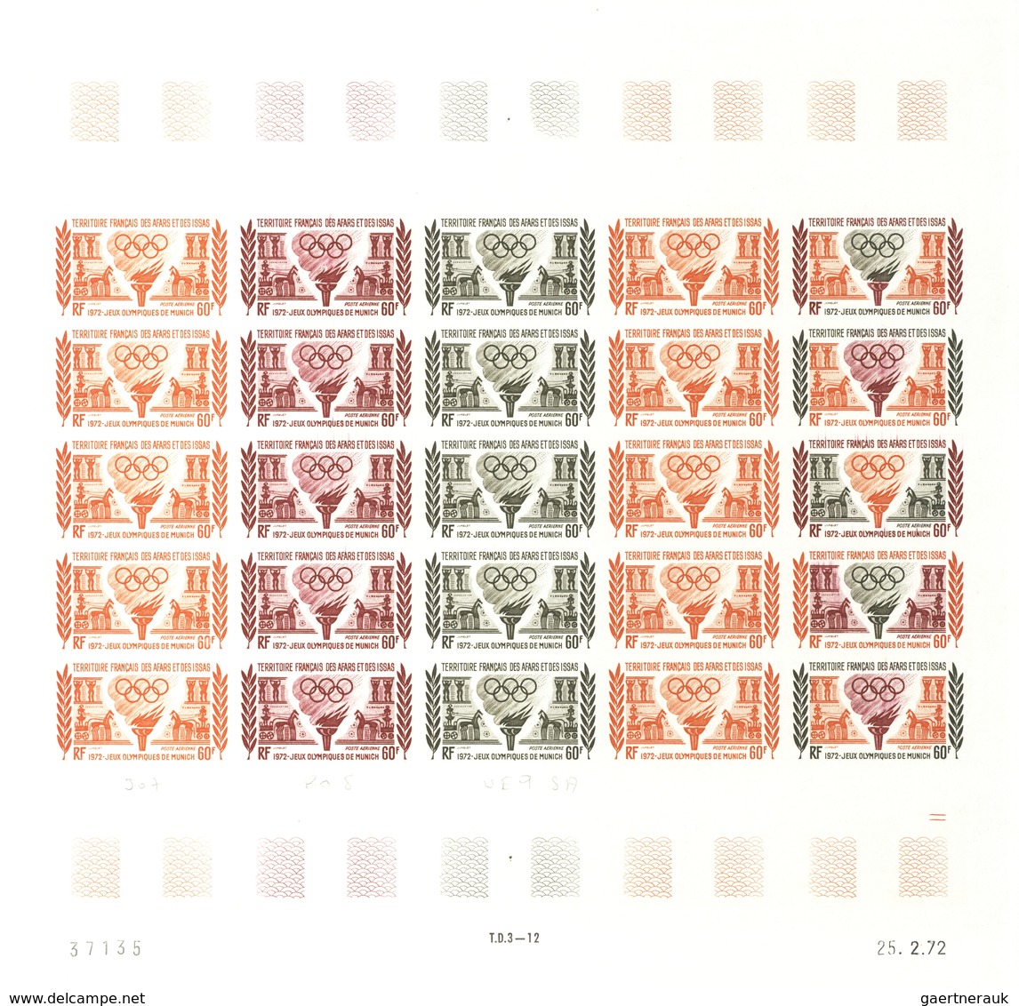 Afar und Issa: 1969/1977, IMPERFORATE COLOUR PROOFS, MNH collection of 52 complete sheets (=1.200 pr