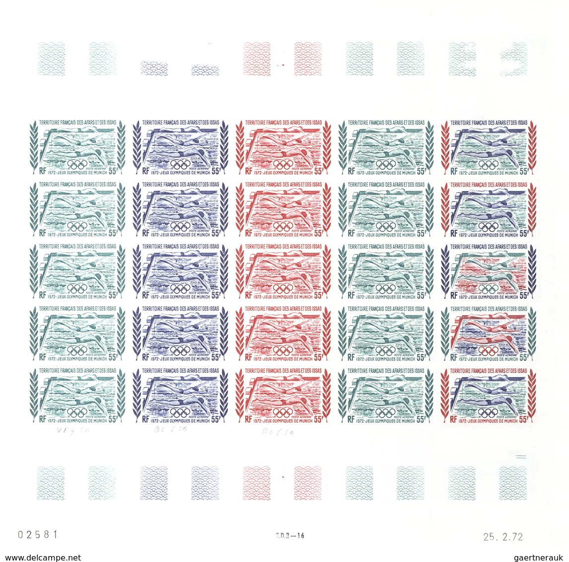Afar und Issa: 1969/1977, IMPERFORATE COLOUR PROOFS, MNH collection of 52 complete sheets (=1.200 pr