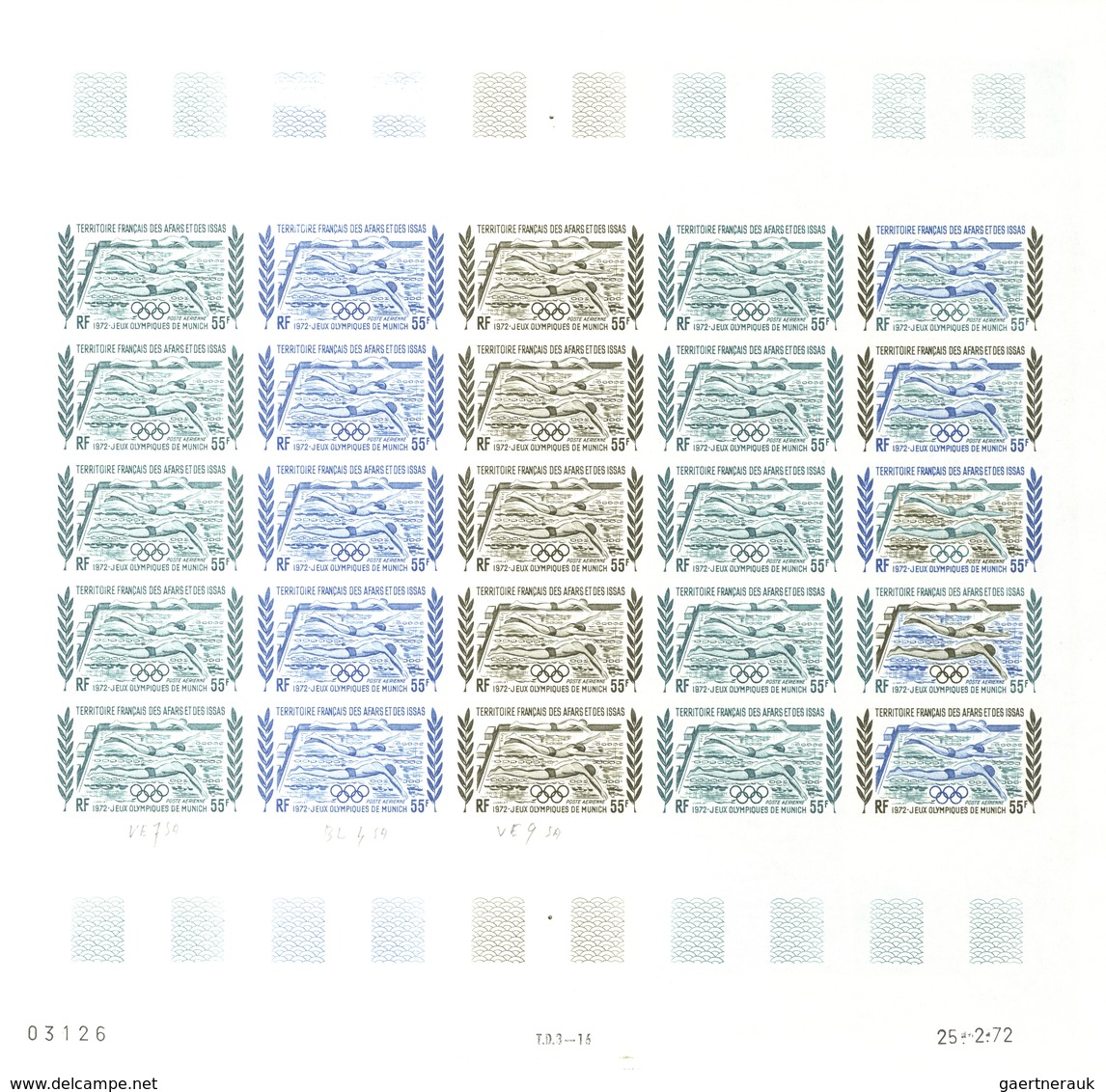 Afar und Issa: 1969/1977, IMPERFORATE COLOUR PROOFS, MNH collection of 52 complete sheets (=1.200 pr