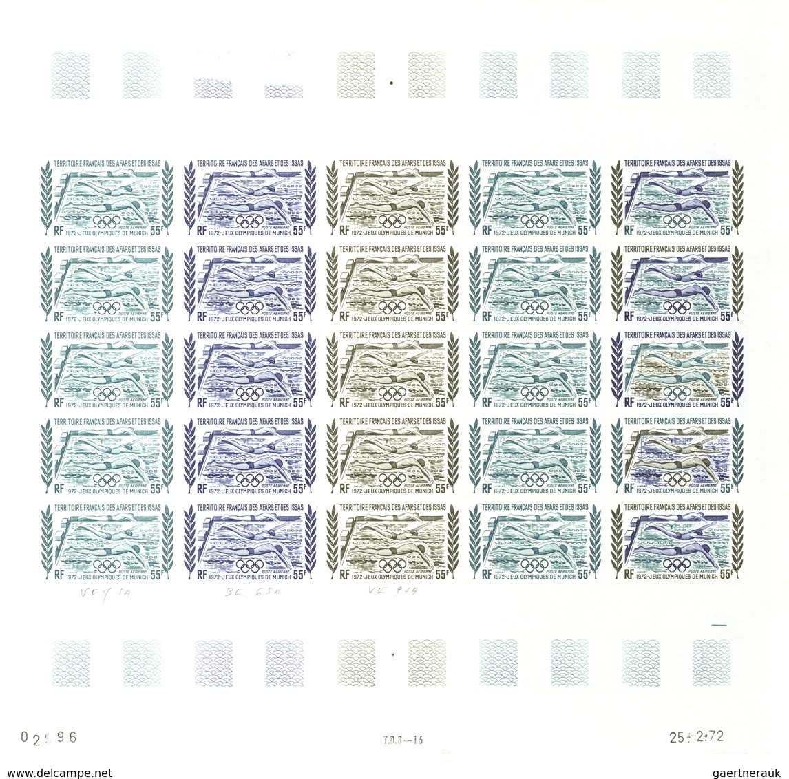 Afar und Issa: 1969/1977, IMPERFORATE COLOUR PROOFS, MNH collection of 52 complete sheets (=1.200 pr