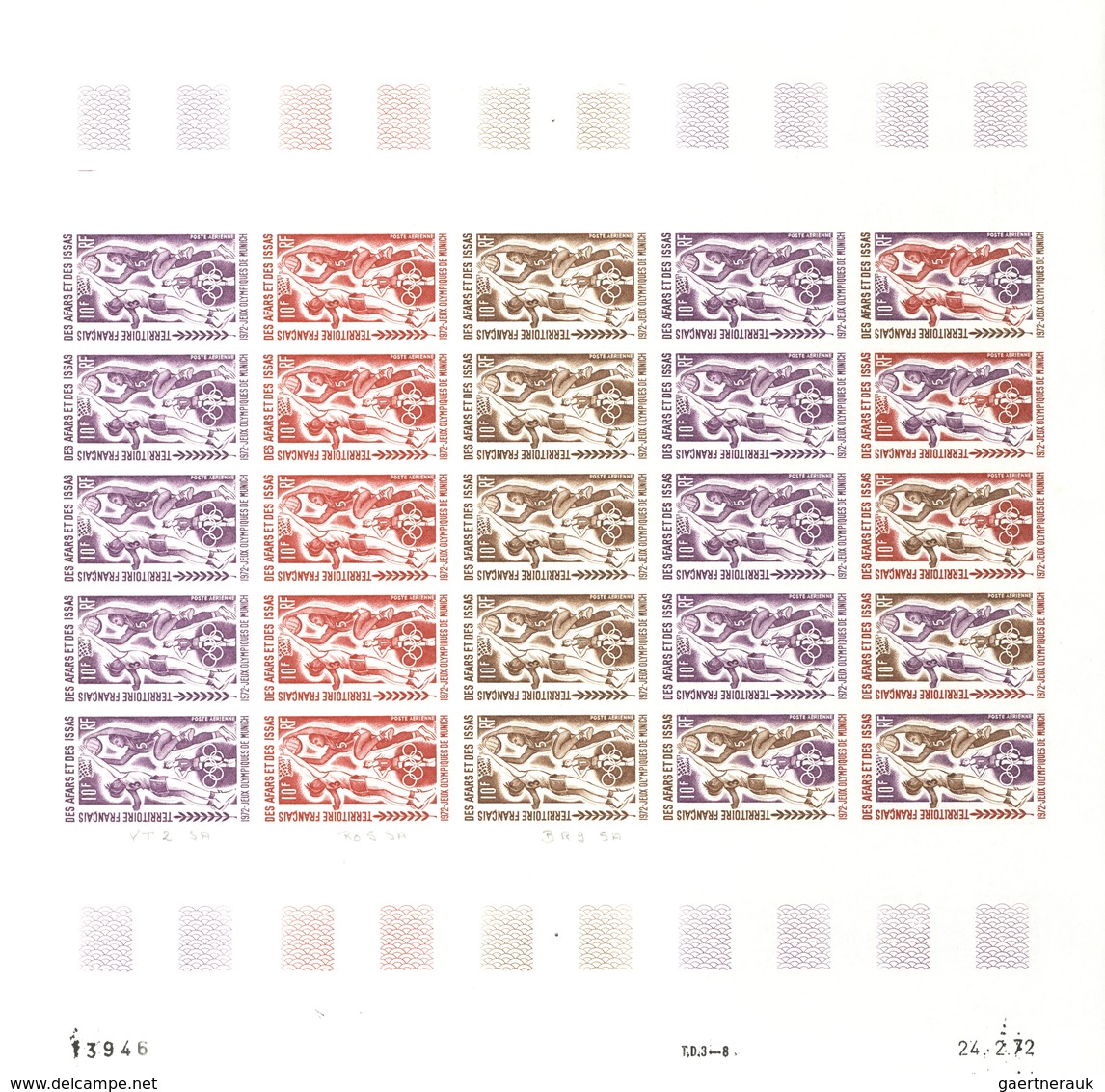 Afar und Issa: 1969/1977, IMPERFORATE COLOUR PROOFS, MNH collection of 52 complete sheets (=1.200 pr