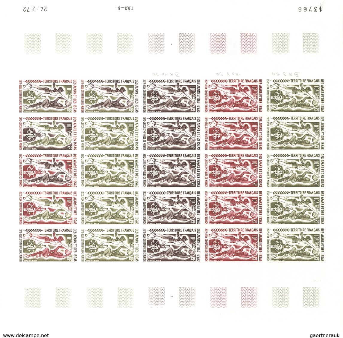 Afar und Issa: 1969/1977, IMPERFORATE COLOUR PROOFS, MNH collection of 52 complete sheets (=1.200 pr