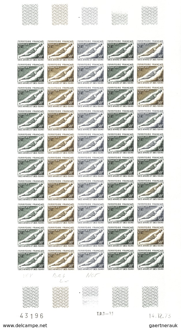 Afar und Issa: 1969/1977, IMPERFORATE COLOUR PROOFS, MNH collection of 52 complete sheets (=1.200 pr