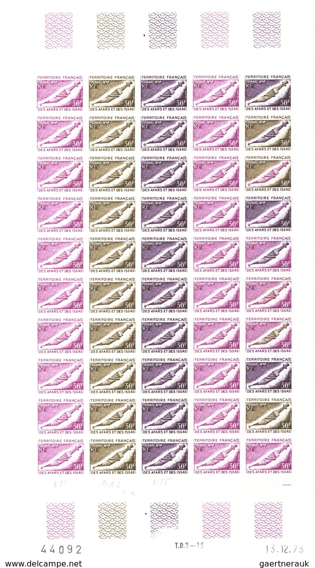 Afar und Issa: 1969/1977, IMPERFORATE COLOUR PROOFS, MNH collection of 52 complete sheets (=1.200 pr