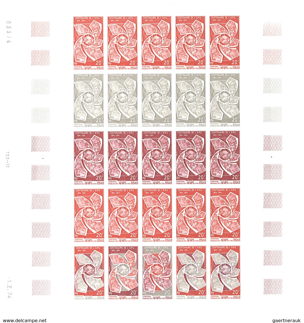 Afar und Issa: 1969/1977, IMPERFORATE COLOUR PROOFS, MNH collection of 52 complete sheets (=1.200 pr