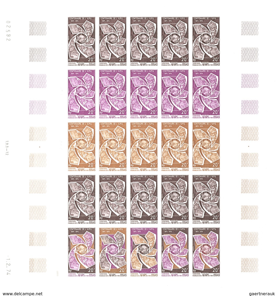 Afar und Issa: 1969/1977, IMPERFORATE COLOUR PROOFS, MNH collection of 52 complete sheets (=1.200 pr