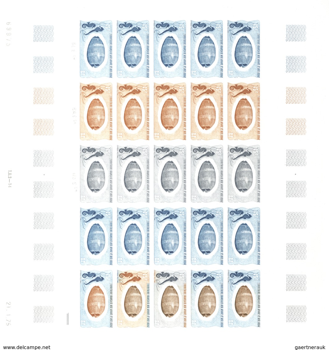 Afar und Issa: 1969/1977, IMPERFORATE COLOUR PROOFS, MNH collection of 52 complete sheets (=1.200 pr